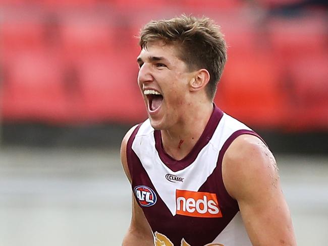 SYDNEY, AUSTRALIA - JULY 18: Zac Bailey of the Lions celebrates kicking a goal during the round 7 AFL match between the Greater Western Sydney Giants and the Brisbane Lions at GIANTS Stadium on July 18, 2020 in Sydney, Australia. (Photo by Mark Kolbe/Getty Images)