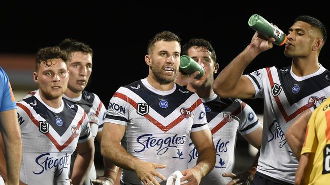 James Tedesco of the Roosters looks on after a Sea Eagles try during the NRL Semi-Final match between the Manly Sea Eagles and the Sydney Roosters at BB Print Stadium on September 17, 2021 in Mackay, Australia.