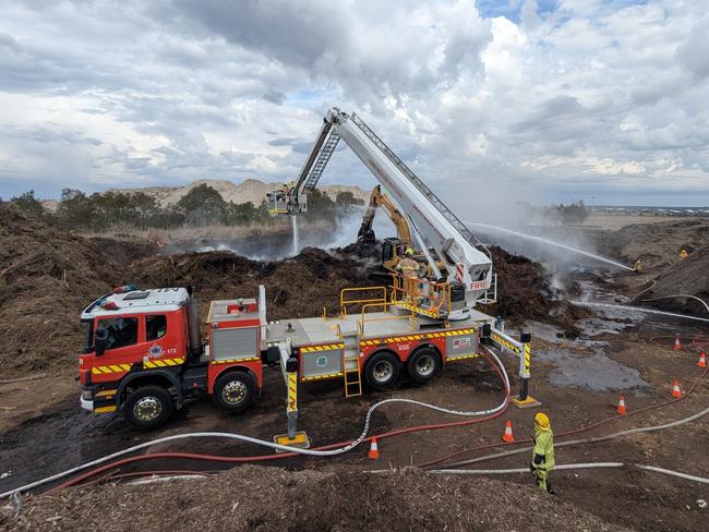 Fire Rescue Victoria responded to a fire at a green waste recycling facility on Learmonth Street, Alfredton on Anzac Day 2025. Picture: FRV