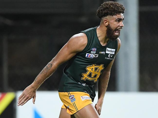 Nigel Lockyer Jr had a big game kicking five goals for St Mary's against Waratah. Picture: Felicity Elliott / AFLNT Media