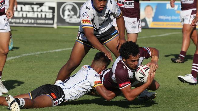 Pictured at Burleigh Bears home ground for the Mal Meninga Cup rugby League Game Between Burleigh Bears and South Logan Seagulls. Burleigh Player:1 Izayah Petricevich S/ Logan Player:6 Kruz Taputoa Pic Mike Batterham