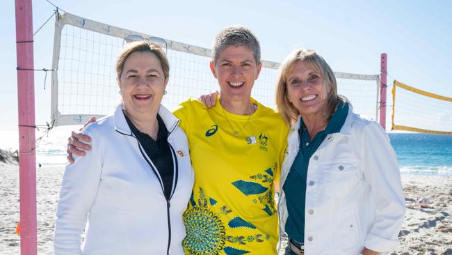 Beach volleyball gold medallist Natalie Cook (centre) with Queensland Premier Annastacia Palaszczuk and CEO of the Brisbane 2032 Olympic and Paralympic Organising Committee Cindy Hook.