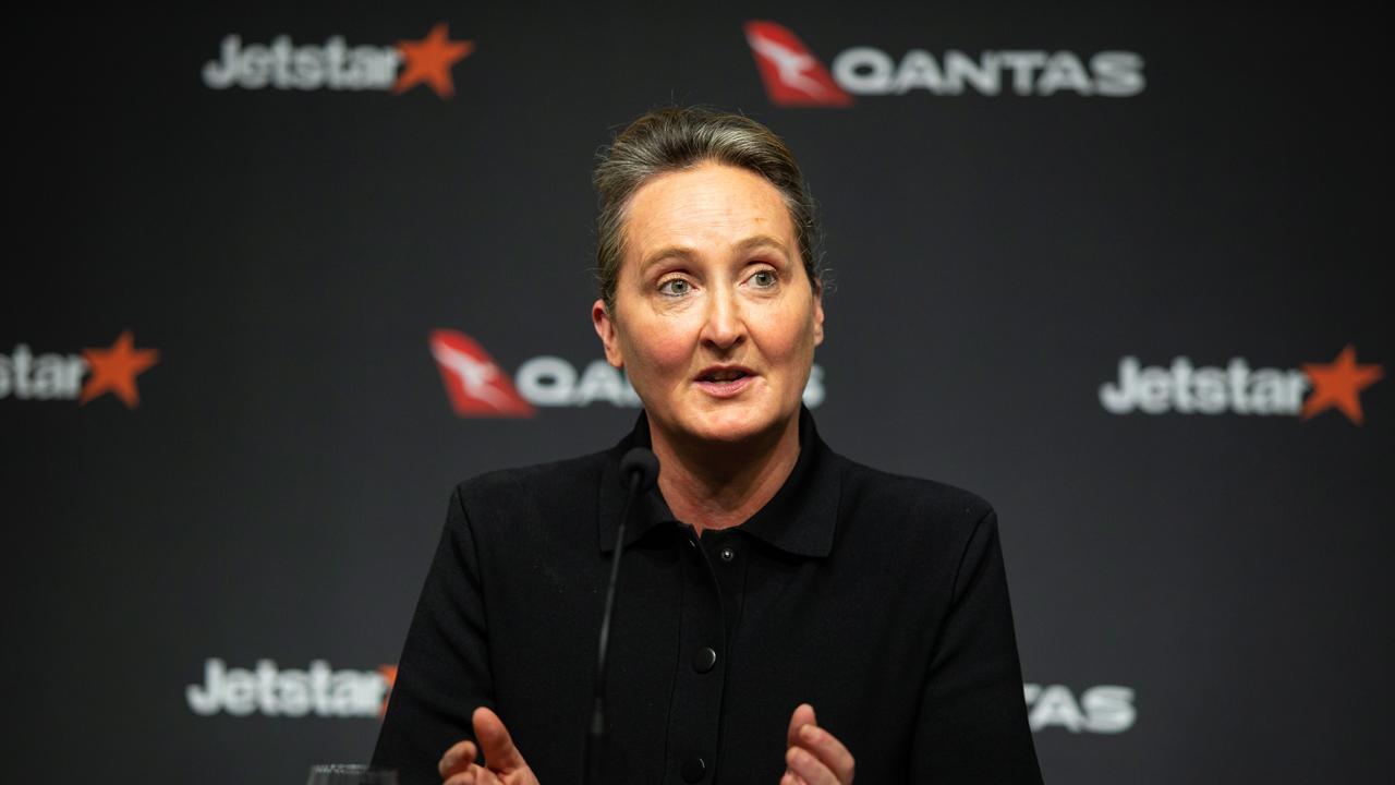 Vanessa Hudson discusses the Qantas Group’s full year results at the Qantas Head Quarters in Mascot. Picture: NCA NewsWire / Christian Gilles