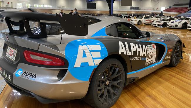 The Dodge Viper of Targa Tasmania leader Eddie Maguire in the Silverdome after the event was cancelled. Picture James Bresnehan