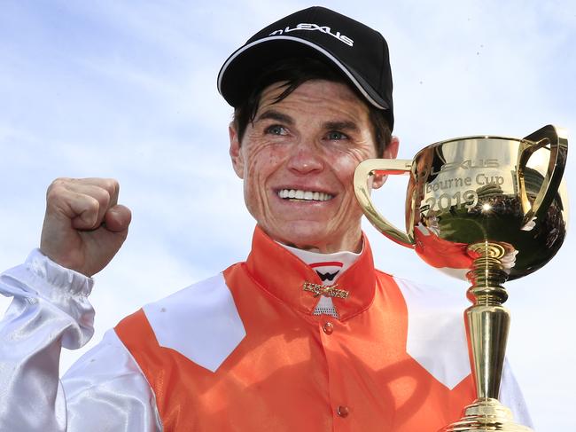 MELBOURNE, AUSTRALIA - NOVEMBER 05: Craig Williams holds the Melbourne Cup after winning with Vow And Declare during 2019 Melbourne Cup Day at Flemington Racecourse on November 05, 2019 in Melbourne, Australia. (Photo by Mark Evans/Getty Images)