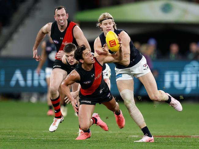 Jye Caldwell and Tom De Koning compete for the ball during the sides’ clash a fortnight ago. Picture: Michael Willson/AFL Photos via Getty Images.