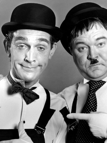 TV presenter Don Lane with Bert Newton (right) as Laurel and Hardy in TV program "The Tonight Show". Picture Supplied
