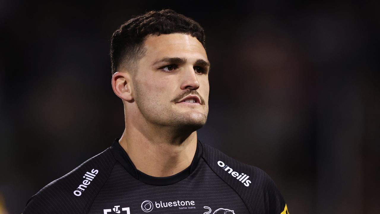 Nathan Cleary of the Panthers warms up during the round 26 NRL match between Penrith Panthers and Parramatta Eels at BlueBet Stadium on August 24, 2023 in Penrith, Australia. (Photo by Mark Metcalfe/Getty Images)