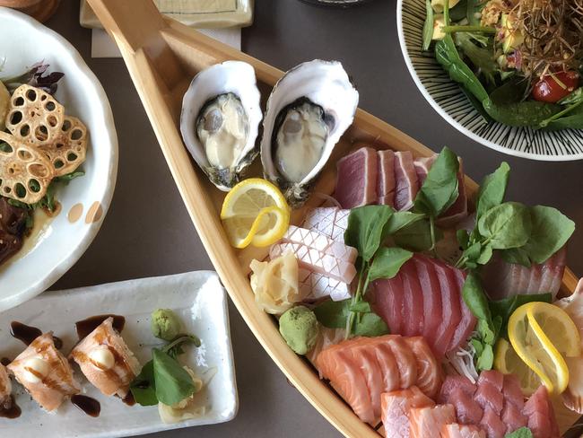 Sashimi boat and other food at Wasai Japanese restaurant, Adelaide