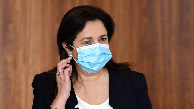 Queensland Premier Annastacia Palaszczuk arrives for a media conference to provide a Covid update. Picture: NCA NewsWire / Dan Peled