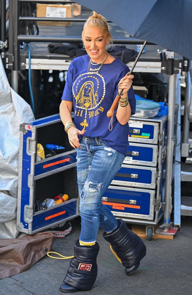 Gwen Stefani makes an appearance at the Jimmy Kimmel Live! show in LA wearing a hail mary printed t-shirt and high heeled moon boots. Picture: Backgrid