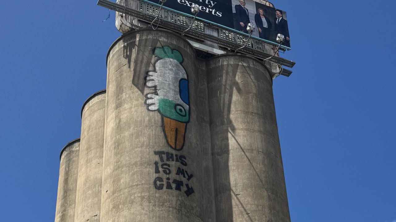 A man has been arrested over the “Pam the Bird” graffiti series, including this attack that appeared on the Mercer St silos in late December.