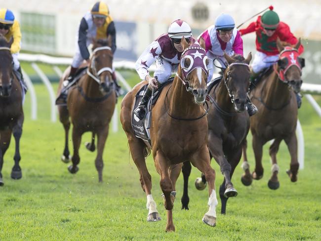 Stratum Star (centre) closes on Scales Of Justice (not pictured) to win the feature Perth race. Picture: Simon Merritt Western Racing Pix