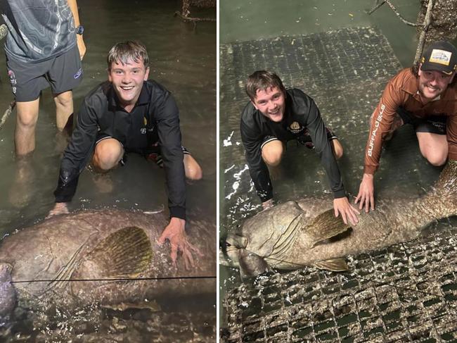 17-year-old Nate Jaensch (left) was fishing at the popular Mandorah Jetty with his brother and three friends when he reeled in a massive goliath grouper, thought to be at least 160cm long. Picture: Supplied