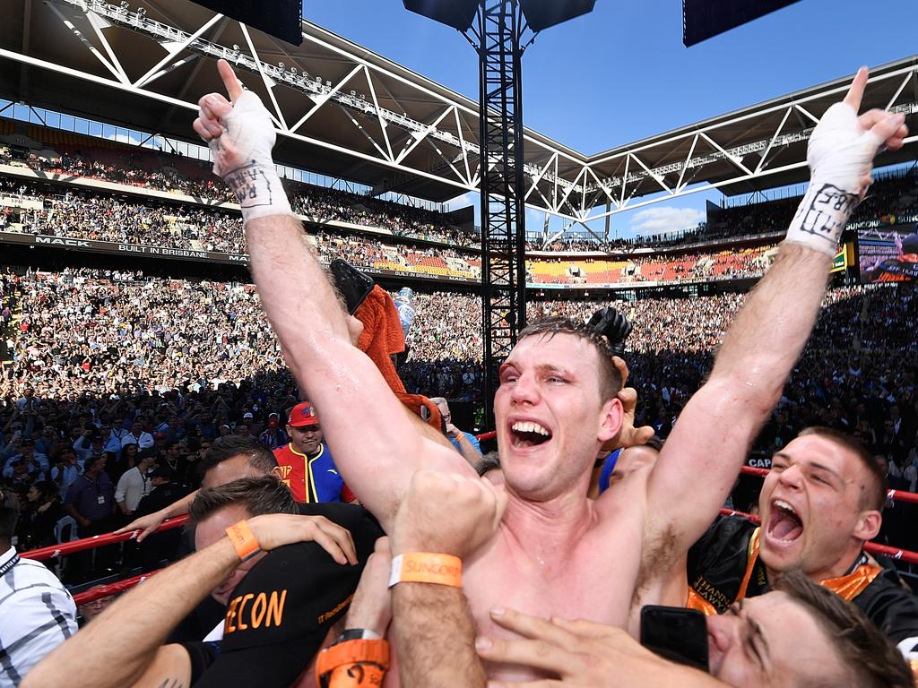 Jeff Horn celebrates victory after defeating Manny Pacquiao for the WBO Welterweight Title Fight in 2017. Picture: Bradley Kanaris/Getty Images