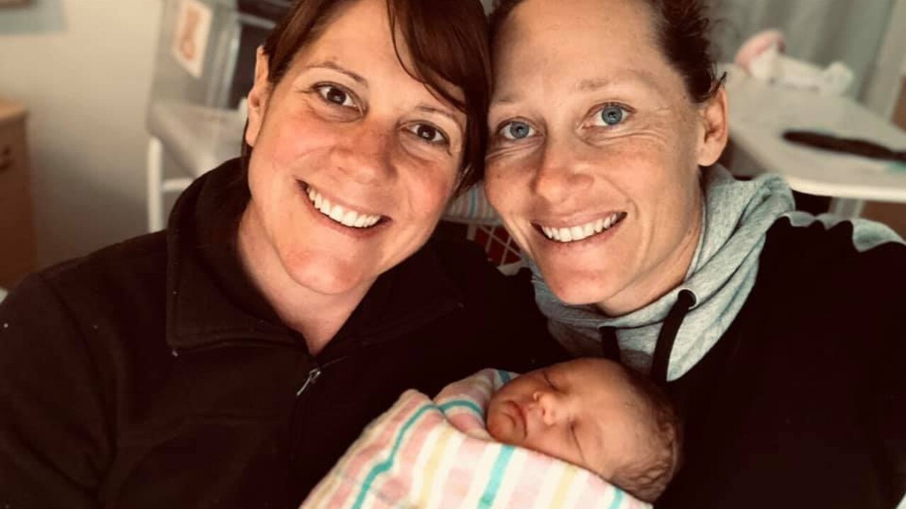 Sam Stosur (right) and her partner, Liz, welcomed daughter Evie into the world in June 2020. Picture: Supplied