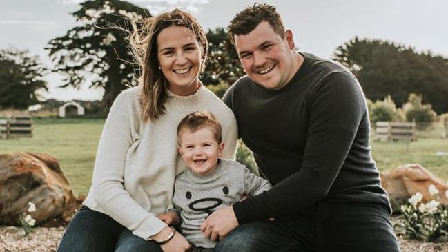 Duncan Craw, 32, of Warrnambool, Victoria, was believed to be the victim of a shark attack at Port MacDonnell. Pictured with wife Tay and their son Levi. Picture: Supplied by family.