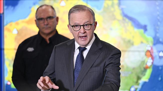 Prime Minister Anthony Albanese and National Emergency Management Agency Deputy Coordinator-General, Joe Buffone hold a media briefing in the National Situation Room (NEMA) in Canberra. Picture: Martin Ollman