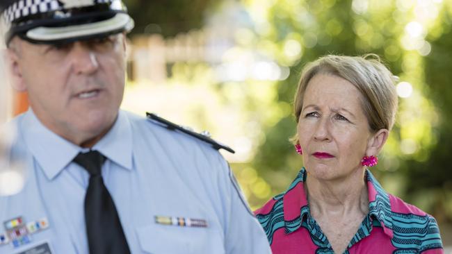 Youth Justice Minister Di Farmer listens as Acting Superintendent Scott Stahlhut addresses media after the Queensland government announce $2 million in funding for CatholicCare to continue intensive programs for youth offenders on bail. Picture: Kevin Farmer