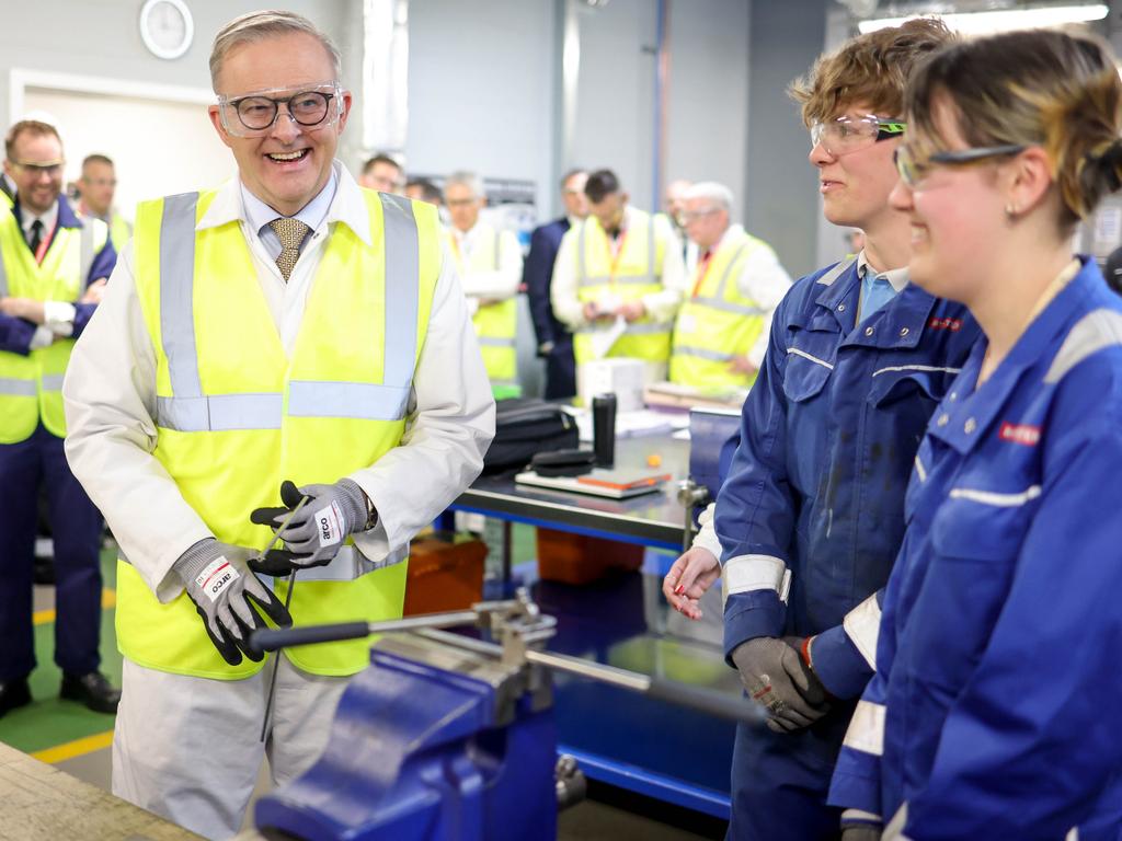 Anthony Albanese enjoying a lighter moment during the tour of the BAE workshop in Barrow-in-Furness in the North of England. Picture: Andrew Parsons / The Australian Pool Image