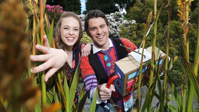 Performer Imogen Moore and ABC Kids entertainer Jimmy Giggle searching for Santa in the Royal Tasmanian Botanical Gardens ahead of co-hosting Carols By Candlelight on December 18. Picture: LUKE BOWDEN