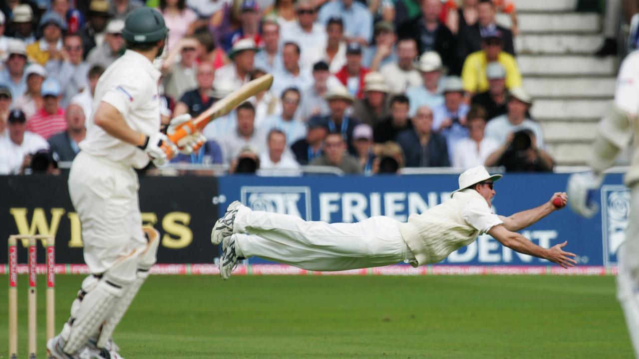 Andrew Strauss takes a flyer to dismiss Gilly at Trent Bridge who had no luck that series. He certainly got them back on the return Ashes in Australia smashing a 57 ball hundred. Picture: Phil Hillyard