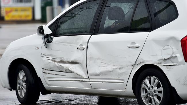 The damaged Kia which was twice rammed by thieves. Picture: Alix Sweeney