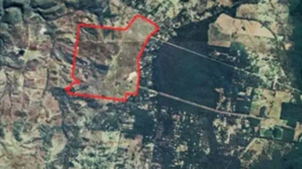 The proposed site (outlined in red) at Taromeo already has Powerlink transmission lines passing through it. Picture: Australian Solar Enterprises