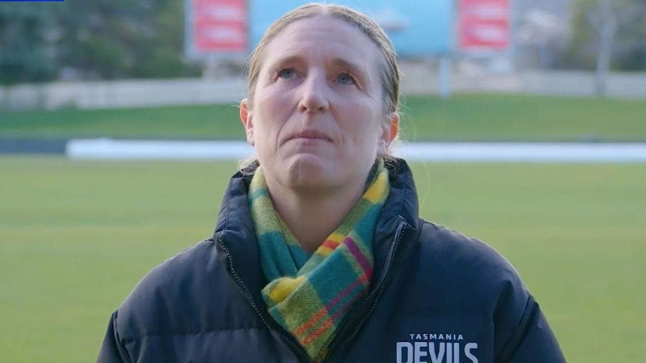 Kath McCann speaking at a media event on Wednesday in Hobart. Picture: Nine