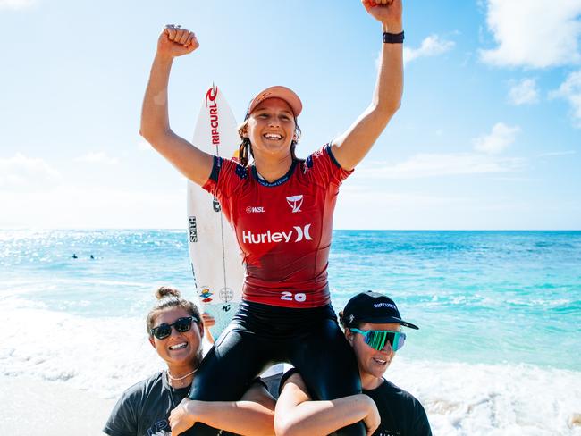 OAHU, HAWAII - FEBRUARY 19: Molly Picklum of Australia after winning the Hurley Pro Sunset Beach on February 19, 2023 at Oahu, Hawaii. (Photo by Tony Heff/World Surf League)