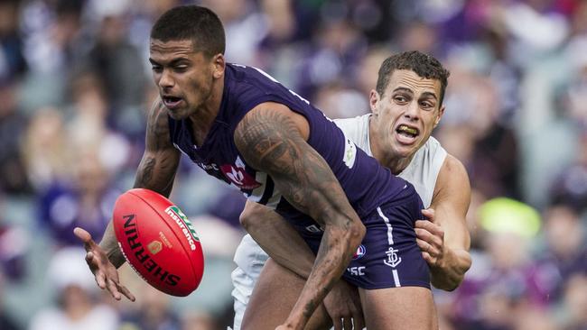 Fremantle’s reigning best and fairest winner Brad Hill is heading in for scans on a quad injury. (AAP Image/Tony McDonough)
