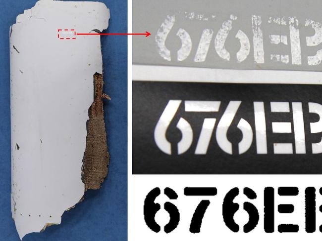 Analysis of an aircraft part found in Mozambique has determined the code fits with that stencilled on to MH370 by Malaysia Airlines. Picture: ATSB