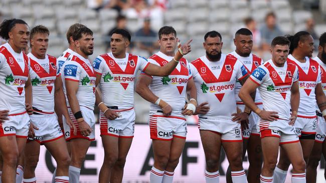 SYDNEY, AUSTRALIA – MARCH 23: Dragons look on after conceding a try during the round three NRL match between St George Illawarra Dragons and North Queensland Cowboys at Netstrata Jubilee Stadium on March 23, 2024 in Sydney, Australia. (Photo by Jason McCawley/Getty Images)