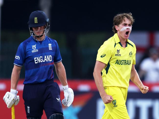 KIMBERLEY, SOUTH AFRICA - JANUARY 31: Rafael Macmillan of Australia celebrates the wicket of Eddie Jack of England during the ICC U19 Men's Cricket World Cup South Africa 2024 Super Six match between Australia and England at Diamond Oval on January 31, 2024 in Kimberley, South Africa. (Photo by Matthew Lewis-ICC/ICC via Getty Images)