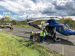 A man in his 20s is airlifted to hospital after his motorbike collided with a tree north of Biggenden. Picture: Courtesy RACQ LifeFlight Rescue