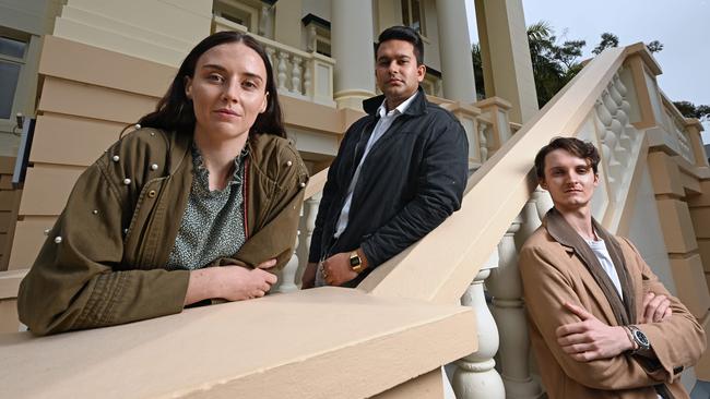 Queensland University of Technology students, from left, Hannah Bianchi, James Pullen and Oscar Davison at the Kelvin Grove campus in Brisbane. Picture: Lyndon Mechielsen