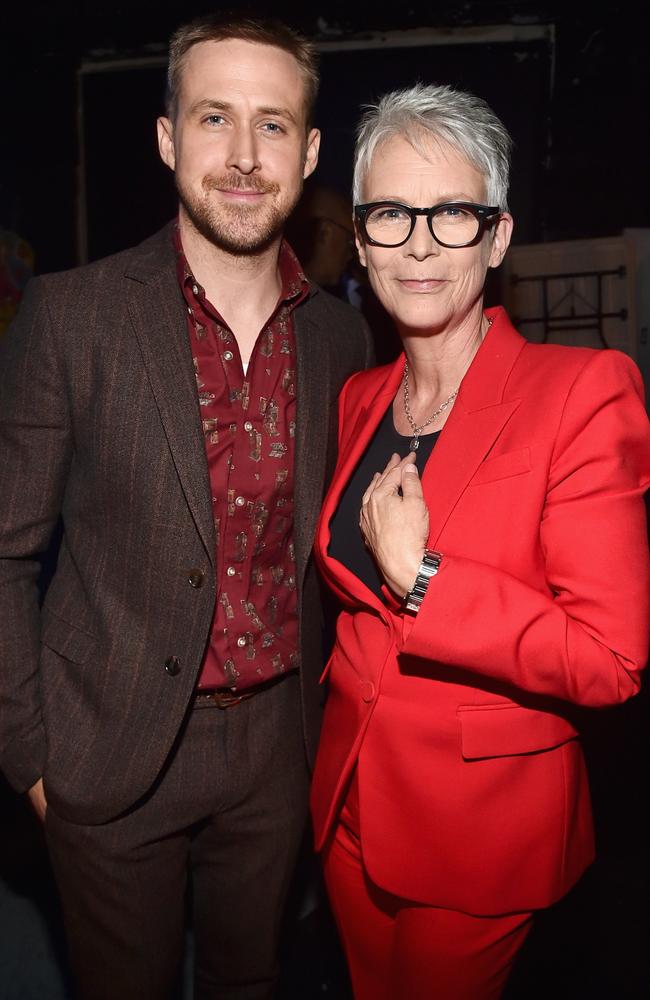 Ryan Gosling met Jamie Lee Curtis at the Universal presentation on Wednesday. His film First Man is screaming “Oscars!” while her Halloween comeback will make audiences scream. Picture: Alberto E. Rodriguez/Getty Images