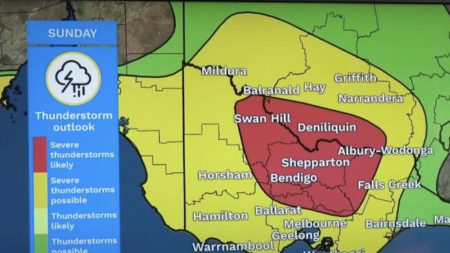 Severe thunderstorms are expected across Victoria and much of southeastern Australian on Sunday. Picture: Bureau of Meteorology