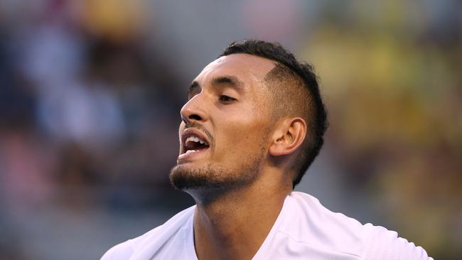 Nick Kyrgios isn’t happy with the umpire after having his serve broken in the third set.i Picture: Wayne Ludbey