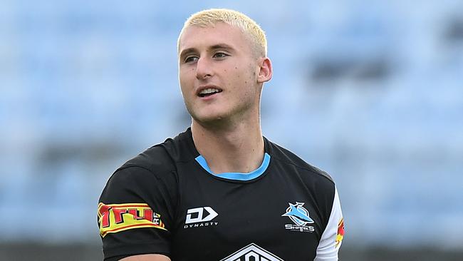 Bronson Xerri of the Sharks during an NRL training session in Sydney, Wednesday, May 20, 2020. (AAP Image/Joel Carrett) NO ARCHIVING