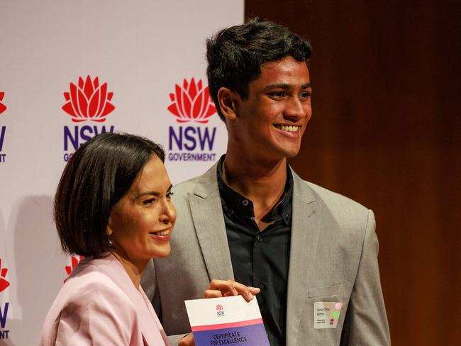 NSW Education Minister Prue Car with Anubhav Ammangi. Picture: Justin Lloyd