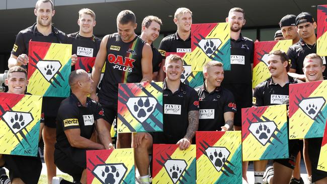 Panthers players with their paintings during training at the Penrith Panthers Centre of Excellence in Penrith. Picture: Jonathan Ng