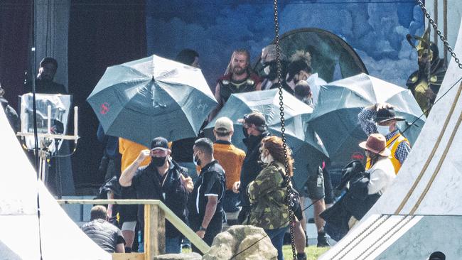 A film set in Sydney where American super hero movie Thor: Love and Thunder was being shot earlier in March. Picture: Matrix Media Group