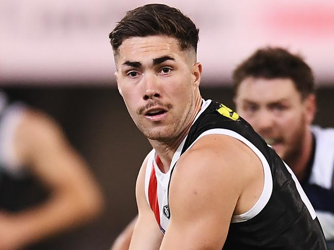 BRISBANE, AUSTRALIA - AUGUST 10: Jade Gresham of the Saints in action during the round 11 AFL match between the St Kilda Saints and the Geelong Cats at The Gabba on August 10, 2020 in Brisbane, Australia. (Photo by Albert Perez/Getty Images)