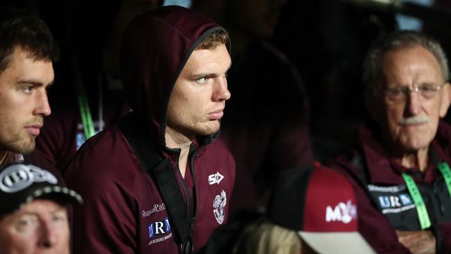 A sidelined Tom Trbojevic all but ended Manly’s season. Picture: Cameron Spencer/Getty Images