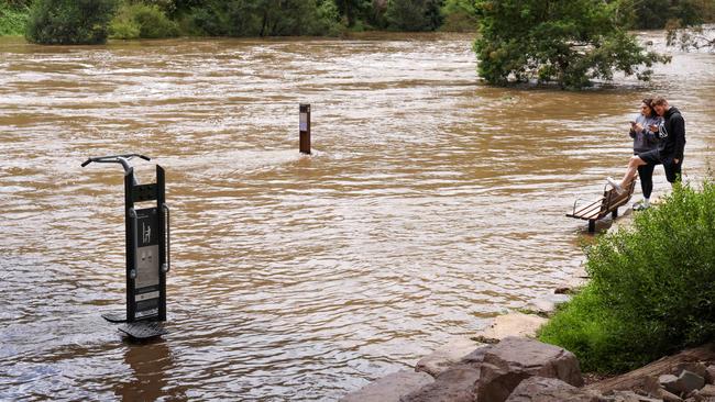 Exercise equipment under water at Warrandyte as the Yarra River rises. Picture: Ian Currie