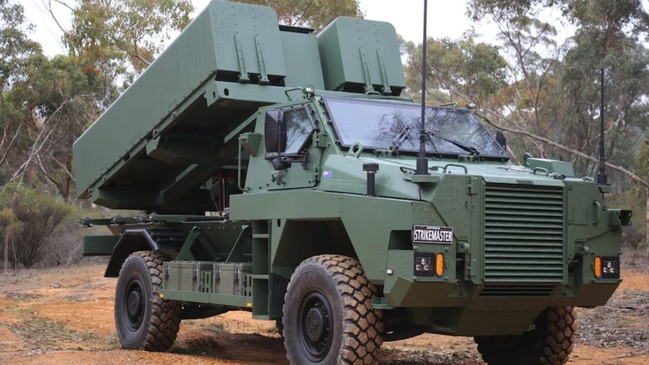 The StrikeMaster uses Naval Strike Missiles mounted on top of the domestically produced Bushmaster vehicle. Picture: Thales