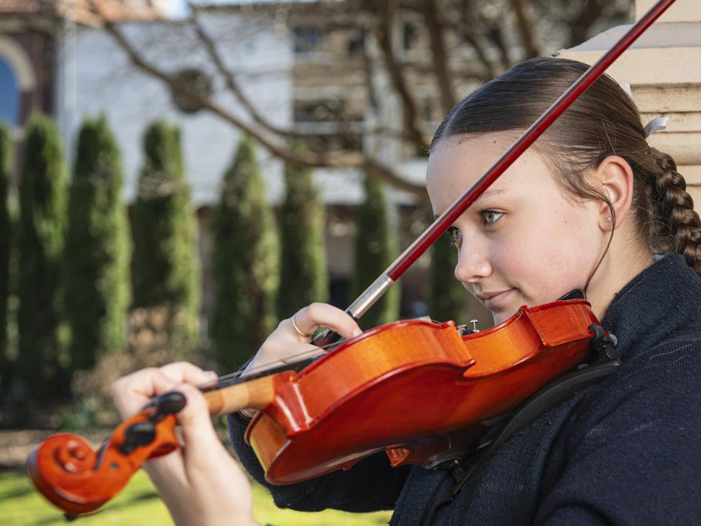 Jasmine Wilson of St Joseph's College before competing in the All-Age graded string solo grade one section of the 78th City of Toowoomba Eisteddfod at The Empire, Friday, July 26, 2024. Picture: Kevin Farmer