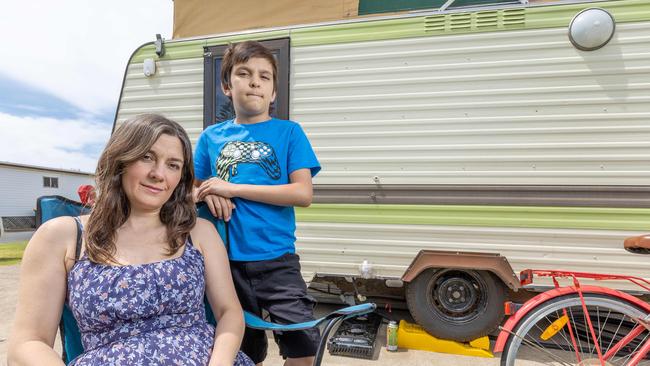 Alison Jones with her son Luke, 9 at their caravan in SA. Picture: Ben Clark