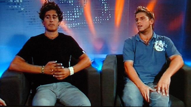 Scene from TV program Big Brother. Lads that were kicked off the show for the Turkey slap incident John and Ash.